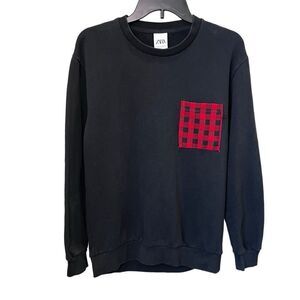 Zara Men’s pullover sweatshirt black buffalo plaid pocket size medium